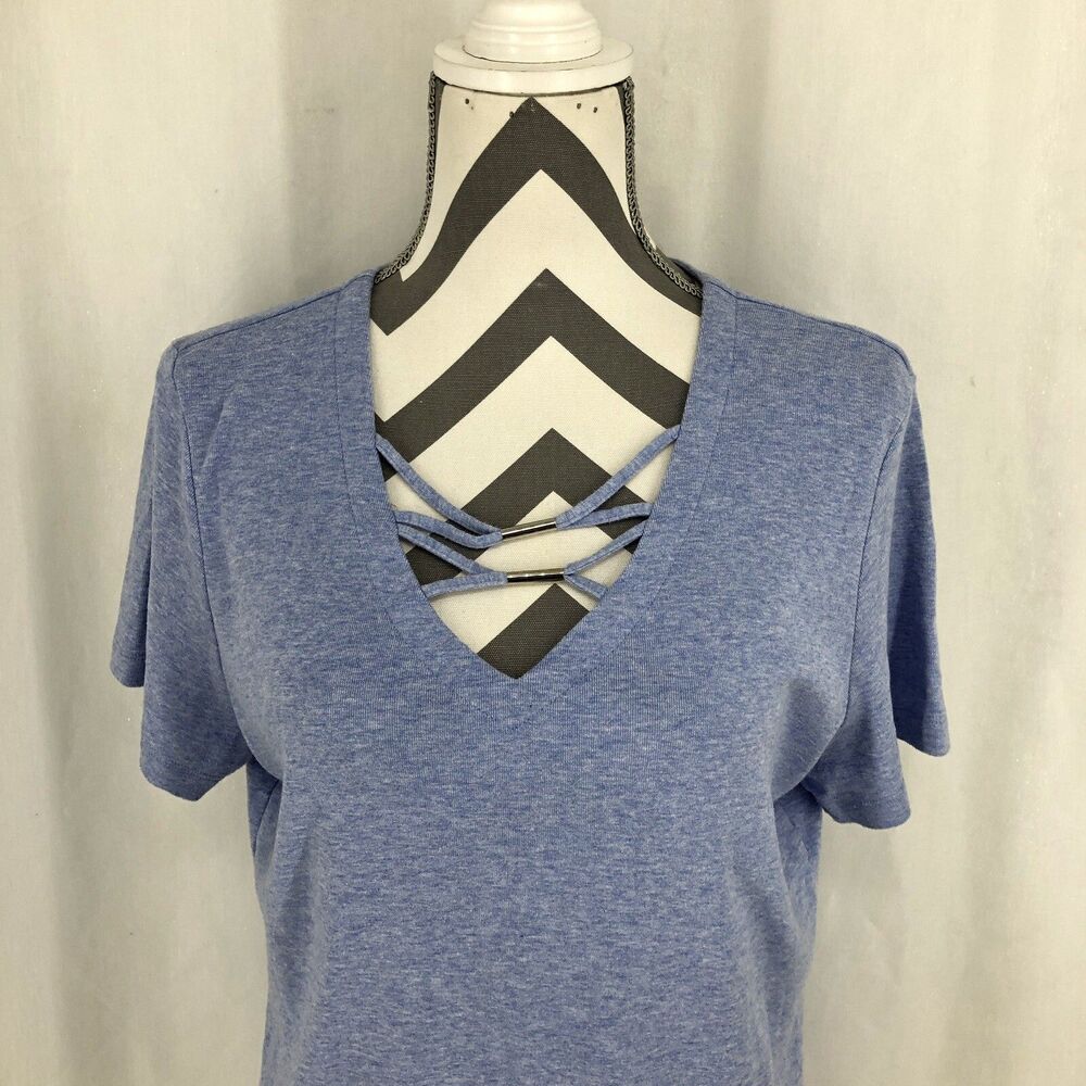 Karen Scott Blue Short Sleeve Sweater Shirt Strappy Neck Large